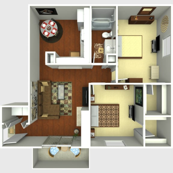 a rendering of a 3d floor plan with a bedroom and living room