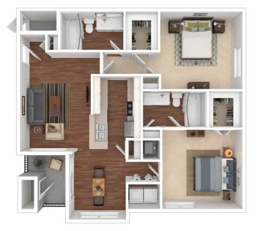A detailed 3D floor plan of a small apartment.