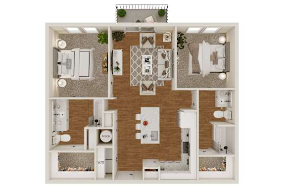 A top-down view of a house layout with a kitchen, living room, dining room, and bathrooms.