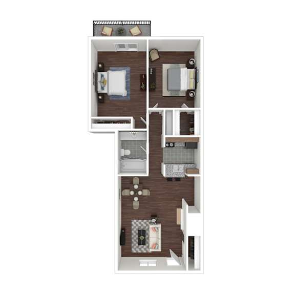 A top-down view of a small apartment with a kitchen, living room, and two bedrooms.
