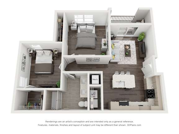 A 3D floor plan of a house with a kitchen, living room, and two bedrooms.