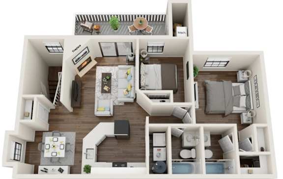 A 3D floor plan of a house with a kitchen, living room, and bathroom.