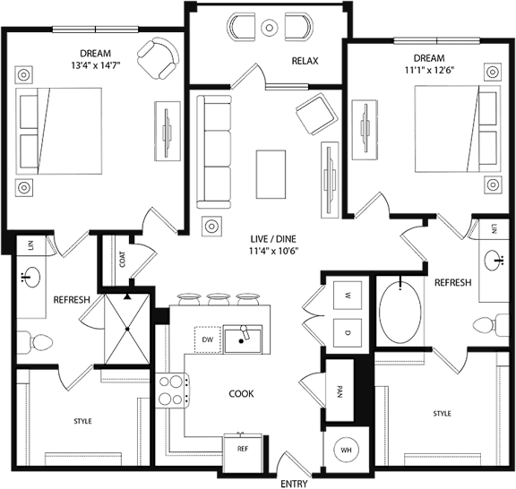 Two images of a small apartment layout with a kitchen, living room, and bathroom.