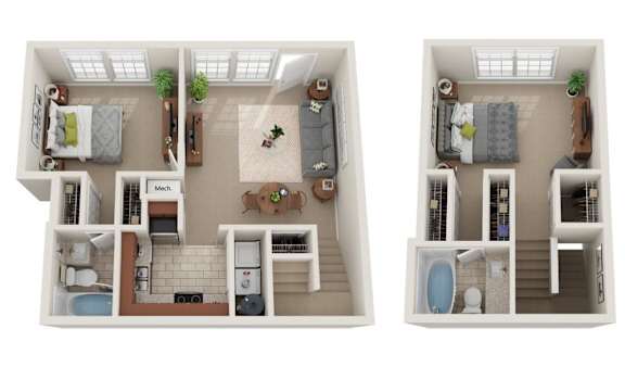 Two images of a small apartment layout with a kitchen, living room, and bathroom.
