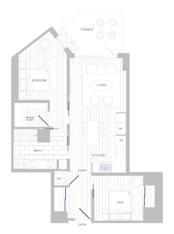 A floor plan of a house with a bedroom, bathroom, living room, kitchen, and den.