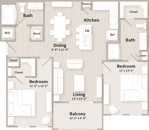 A top-down view of a house layout with a central living area, bedrooms, and bathrooms.