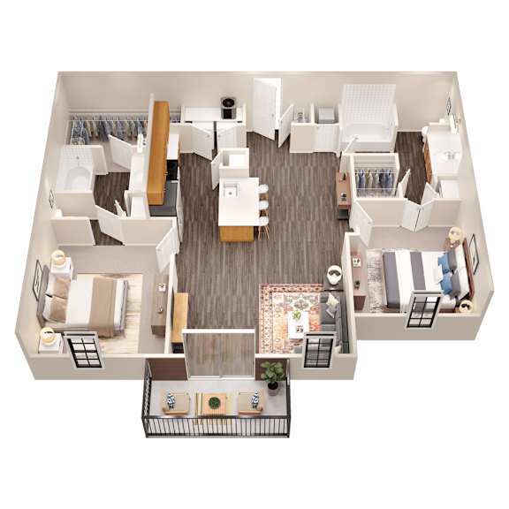 A top down view of a small apartment with a kitchen, living room, and bedroom.