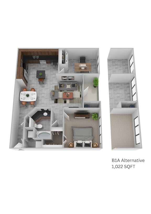 A floor plan of a 1,022 square foot B1A apartment.