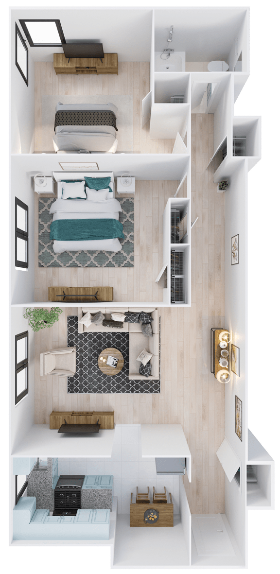 a floor plan of a bedroom with a bed and a desk