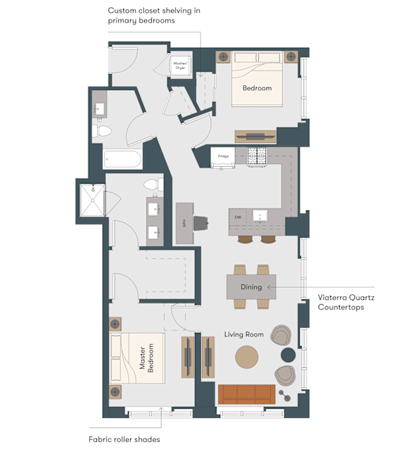 A floor plan of an apartment with a master bedroom, two other bedrooms, a living room, a dining area, and a kitchen.