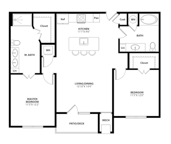 A black and white floor plan of a house with a living room, dining room, kitchen, and two bedrooms.