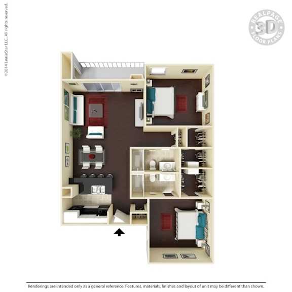 A 3D floor plan of a small apartment layout.
