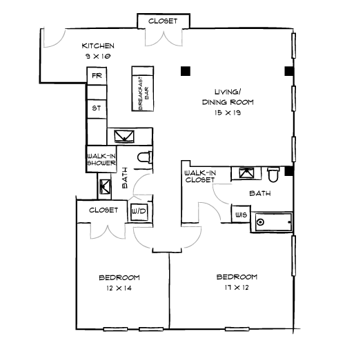 A floor plan of a house with two bedrooms, a living room, a dining room, a kitchen, a bathroom, a walk-in closet, and a pantry.