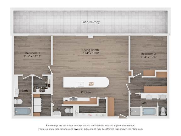 A floor plan of a house with a living room, two bedrooms, a kitchen, and two bathrooms.