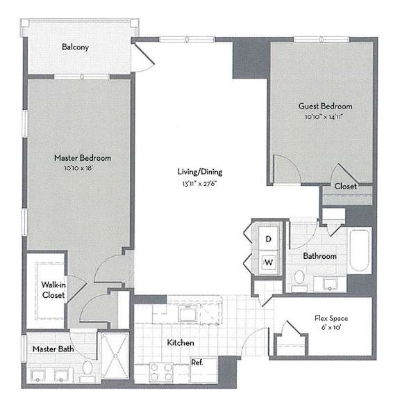 A floor plan of a house with a master bedroom, a guest bedroom, and a living/dining area.
