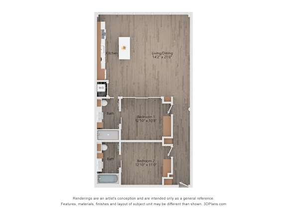 A floor plan of a house with a kitchen, two bathrooms, and two bedrooms.