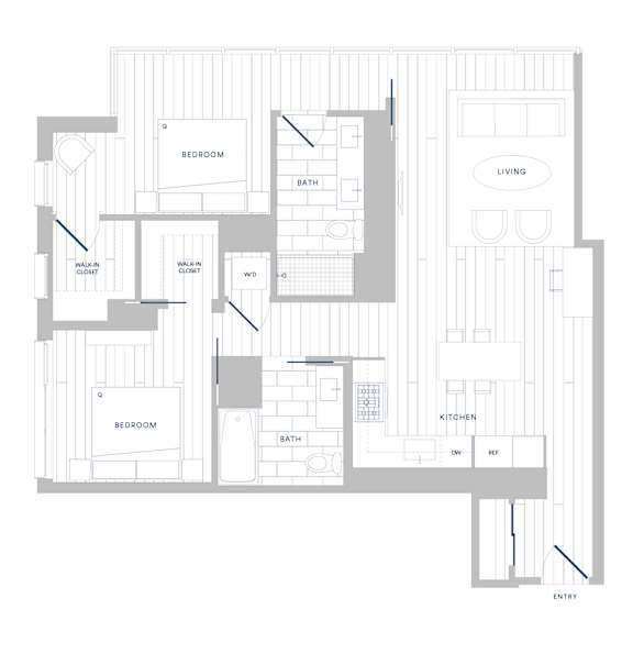 A floor plan of a house with two bedrooms, a living room, a kitchen, a bathroom, and an entry.