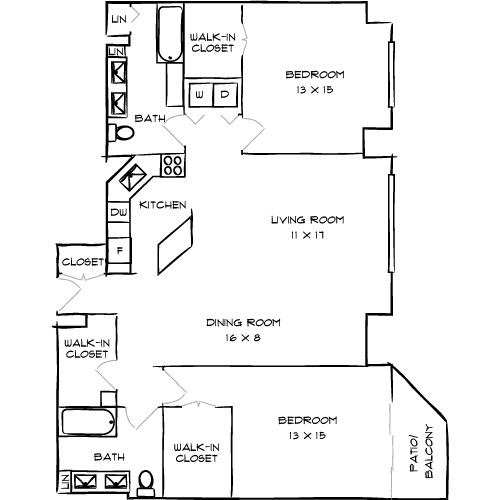 A floor plan of a house with two bedrooms, a living room, a dining room, a kitchen, and a bathroom.