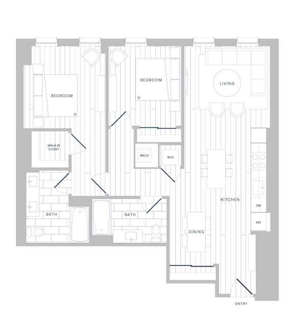 A floor plan of a house with labeled rooms such as Bedroom, Bath, Kitchen, Dining, Living, and Entry.