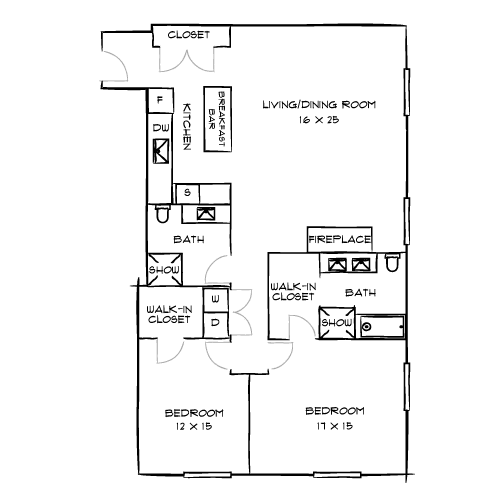 A floor plan of a house with two bedrooms, a living room, a bathroom, a walk-in closet, and a garage.