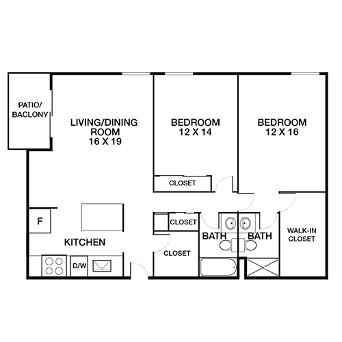 A floor plan of a house with a living room, two bedrooms, a kitchen, a bathroom, and a patio/bakery.