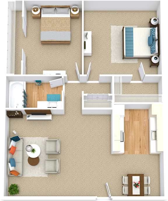 A top-down view of a house layout with a kitchen, living room, and bedrooms.
