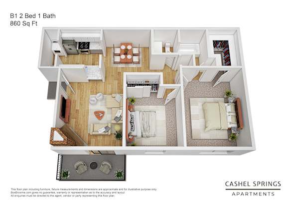 A floor plan of an apartment with a bedroom, living room, kitchen, and bathroom.