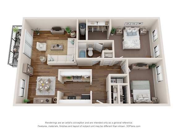 A 3D floor plan of a small apartment with a kitchen, living room, and bedroom.