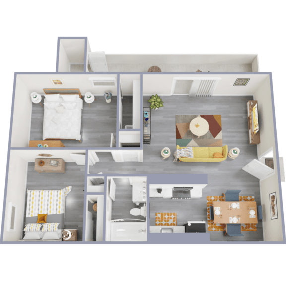 a 3d rendering of our 1 bedroom apartment at princeton court apartments in dallas