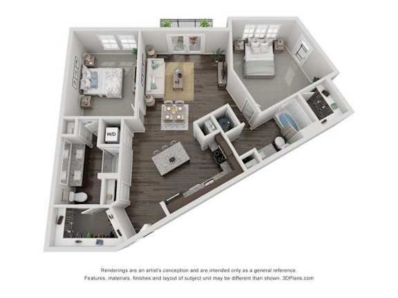 A 3D floor plan of a house with a kitchen, living room, and two bedrooms.