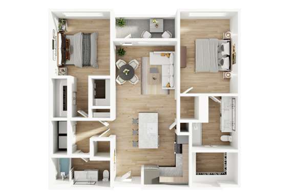 A top-down view of a modern apartment layout.