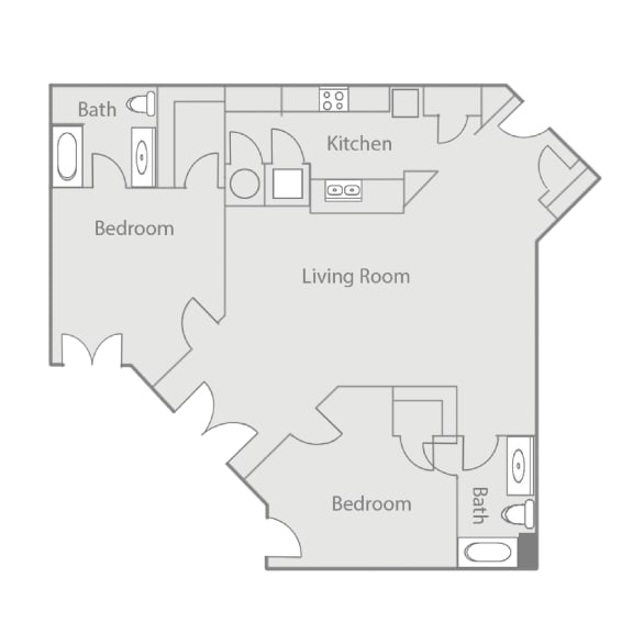 an illustration of a 1 bedroom floor plan with a kitchen and a living room