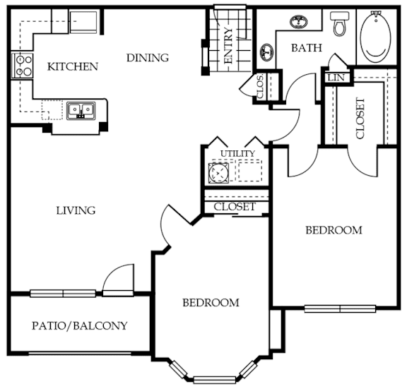 A floor plan of a house with labeled rooms such as kitchen, dining, and bath.