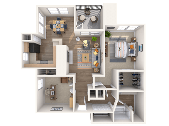 A 3D floor plan of a small apartment with a kitchen, living room, and bedroom.