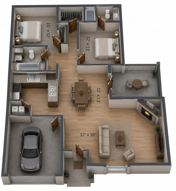 A 3D floor plan of a house with a car parked in the garage.