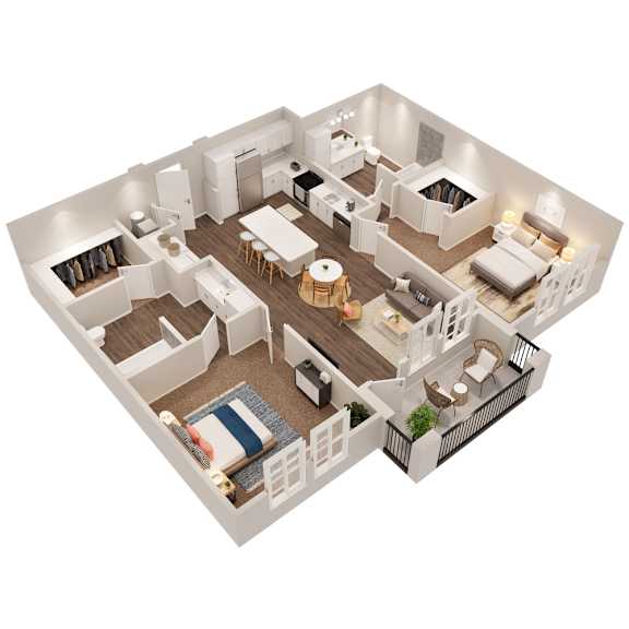A 3D floor plan of a house with a living room, dining room, kitchen, and bedrooms.
