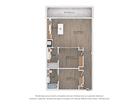 A floor plan of a house with a kitchen, two bathrooms, and two bedrooms.