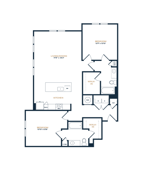 A floor plan of a house with labeled rooms such as Living/Dining, Kitchen, Bedroom, and Bathroom.