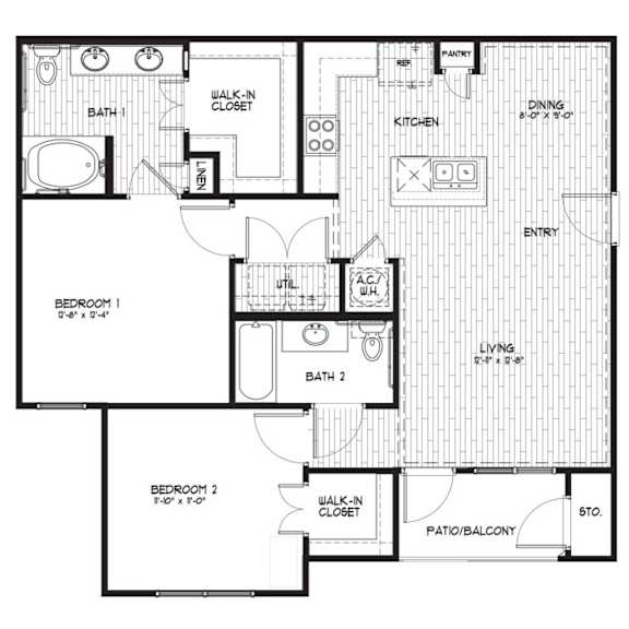 A black and white image of a house floor plan with two bedrooms, a living area, a kitchen, a pantry, a bathroom, and a walk-in closet.