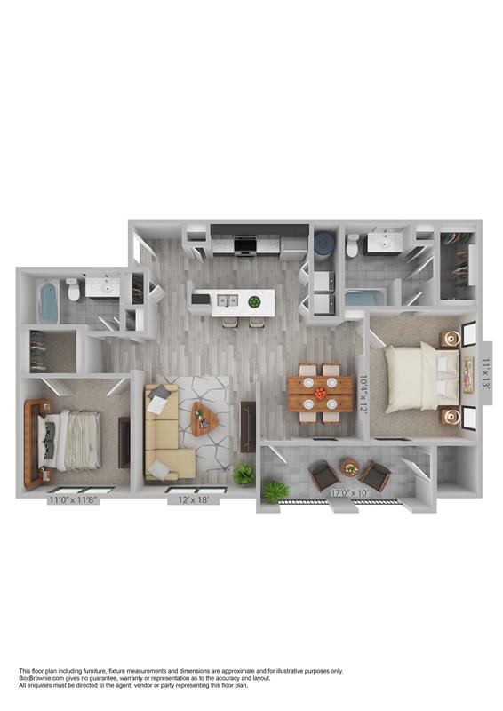 A floor plan of an apartment with a living room, dining room, kitchen, and two bedrooms.