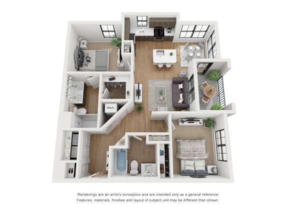 A 3D floor plan of a house with a kitchen, living room, bedrooms, and bathrooms.