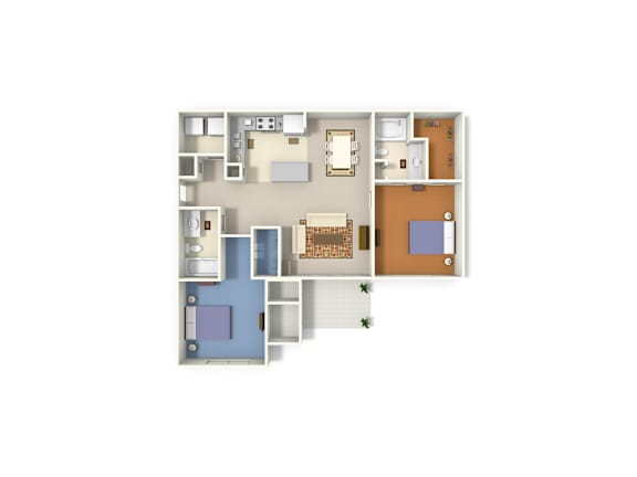 A floor plan of a house with a kitchen, living room, and two bedrooms.