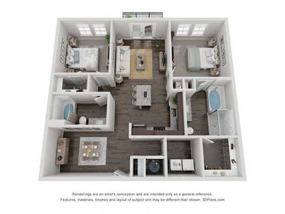 A 3D floor plan of a house with a kitchen, living room, and two bedrooms.