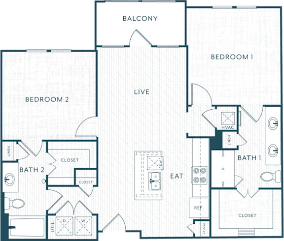 A floor plan of an apartment with two bedrooms, a living area, and a balcony.