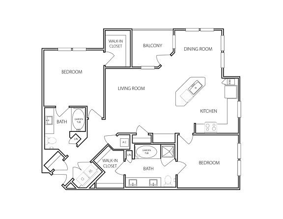 A floor plan of a house with a living room, dining room, kitchen, and two bedrooms.