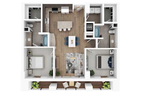 A top-down view of a house layout with a kitchen, living room, and bathrooms.