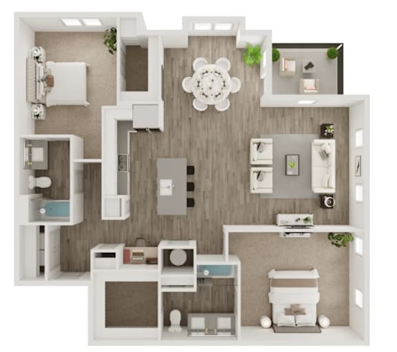 A modern kitchen with a large island and a dining area.