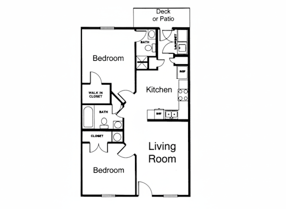A black and white diagram of a house layout with a deck or patio.