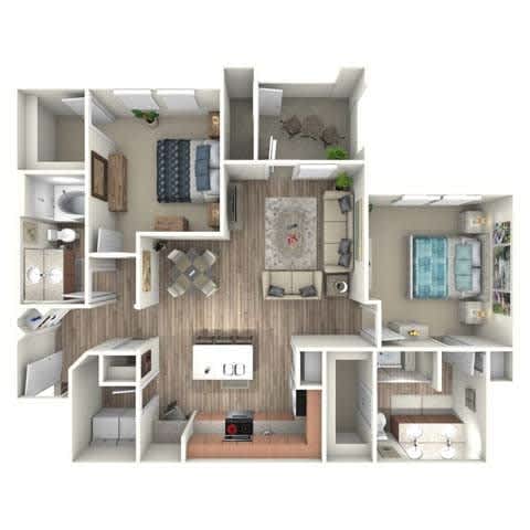 A 3D rendered image of a small apartment layout.