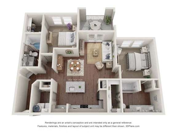 A 3D floor plan of a house with a kitchen, living room, and two bedrooms.